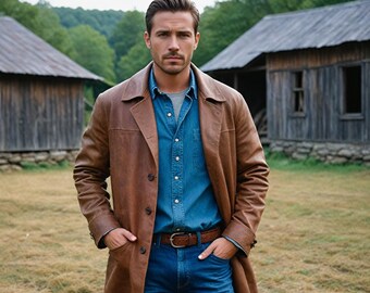 Lange leren jas, png, digitale download leren jas, leren herentrenchcoat, naaipatroon lange jas echt leer