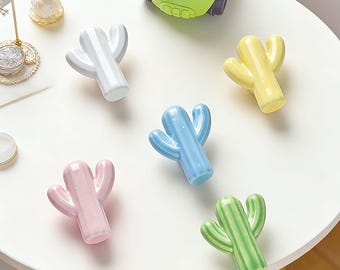 Cartoon Cactus Ceramic Knobs, Kids Room Drawer Pulls, Colorful Wardrobe Handles, Cute Cabinet Knobs, Dresser Desk Furniture Hardware