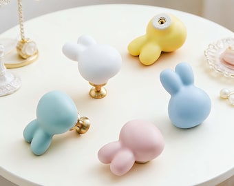 Colorful Rabbit Ceramic Knobs, Cartoon Kids Room Drawer Pulls, Single Hole Wardrobe Handles, Matte Cabinet Knobs, Cute Furniture Hardware