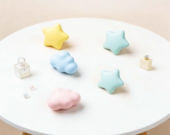 Star and Cloud Ceramic Knobs, Kids Room Drawer Pulls, Cute Wardrobe Handles, Dresser Knobs for Children, Cabinet Pulls, Nursery Decor