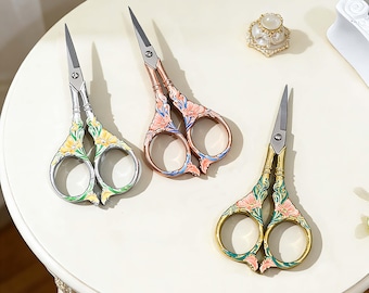 Vintage Enamel Morning Glory Scissors, Stainless Steel Sewing Snips, Thread Cutter, Embroidery Small Scissors, Office & Craft Tool