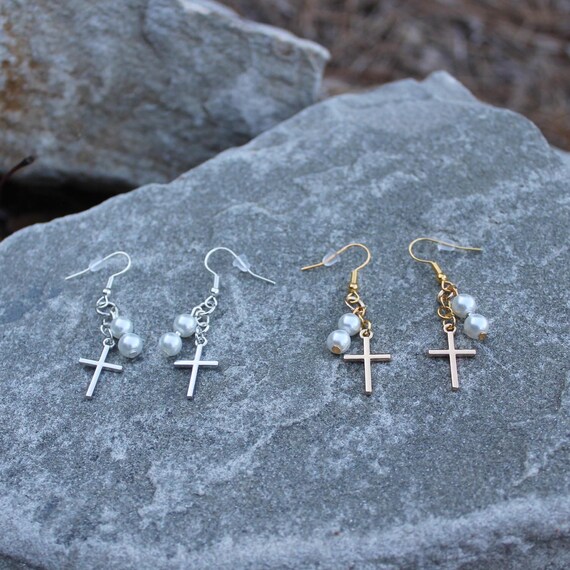 Simple Cross Earrings • Silver Gold • Pearl Beaded Cross