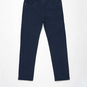 May include: A pair of dark blue jeans with a straight leg fit.