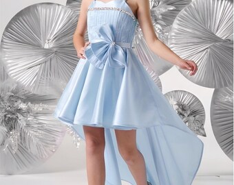 Light Blue High Low Flower Girl Dress – Tulle Satin Princess Gown (Ages 10-15)