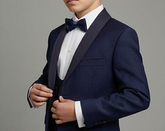Navy Boys Suit 5 Piece Slim Fit Tuxedo Set, Wedding Outfit for Kids, Page Boy Suit, Ring Bearer Outfit, Formal Kids Suit Ages 1-15