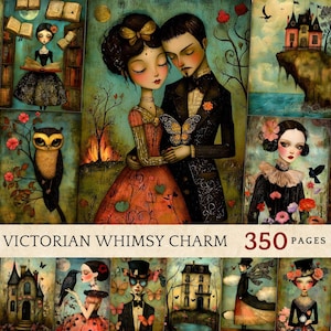 Pode incluir: Uma colagem de ilustrações caprichosas com casais, corujas e casas. As ilustrações são de estilo vitoriano com uma paleta de cores escuras e melancólicas. O texto "Victorian Whimsy Charm 350 Pages" está na parte inferior da imagem.