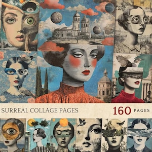 Collagevellen voor ongewenste tijdschriften, vintage collagepagina's voor ongewenste tijdschriften, surrealistische papierbundels, digitale collagevellen voor scrapbooking