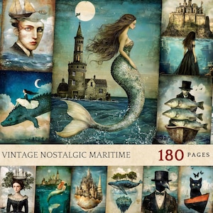 Objets éphémères nostalgiques inspirés de la mer, créations artisanales en papier vintage côtières, arrière-plans vintage inspirés de l'océan, éléments de collage maritime antiques