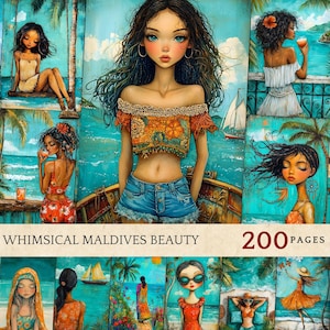 Beleza caprichosa das Maldivas, imprimíveis de diário de lixo, imprimíveis de scrapbooking, ilustrações de paraíso tropical, diários de lixo DIY de mulheres astutas