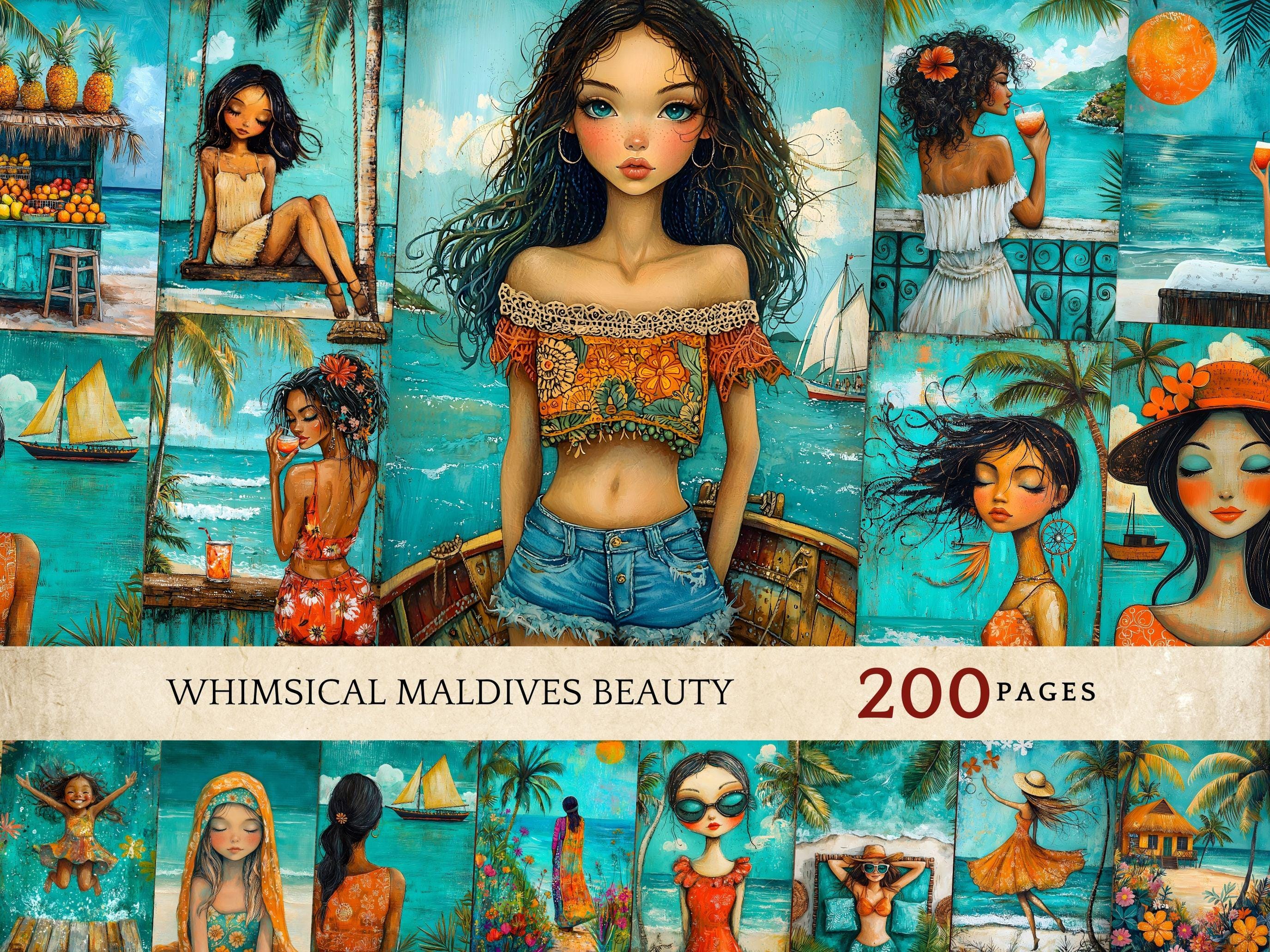Whimsical Maldives beauty Junk journal printables, scrapbooking printables, Tropical paradise illustrations,  crafty women DIY junk journals