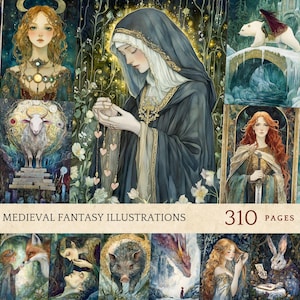 Peut inclure: Une collection d'illustrations de fantasy médiévale. L'œuvre présente divers personnages et scènes, dont une femme en robe sombre, un bélier et une femme rousse. Le texte "MEDIEVAL FANTASY ILLUSTRATIONS" et "310 PAGES" sont visibles.
