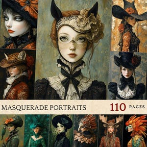 Mascarade art féminin Junk Journal Pages, portraits fantastiques, masque de mascarade, illustration de masque d'animal pour les journaux, femme au masque d'animal