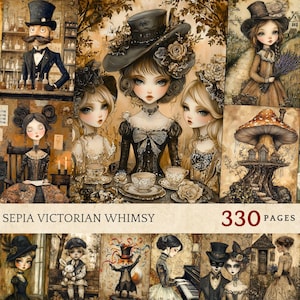 May include: A collage of images in sepia tones featuring Victorian-inspired characters and scenes. The images include a cat, a man in a top hat, a mushroom house, and several women in elaborate dresses. The text "Sepia Victorian Whimsy" and "330 Pages" is visible at the bottom of the collage.