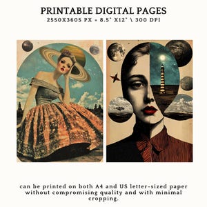 May include: Two digital art prints featuring a woman's face with a surreal background. The first print shows a woman with a large hat and a planet in the background. The second print shows a woman's face with a lighthouse and ocean in the background. Both prints are in a vintage style.