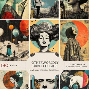 May include: A digital collage of 190 pages featuring surreal and whimsical images. The collage includes a variety of elements, such as women with celestial bodies as hair, a unicorn with a helmet, and a man holding a balloon. The collage is titled "Otherworldly Orbit Collage" and is available for commercial use.