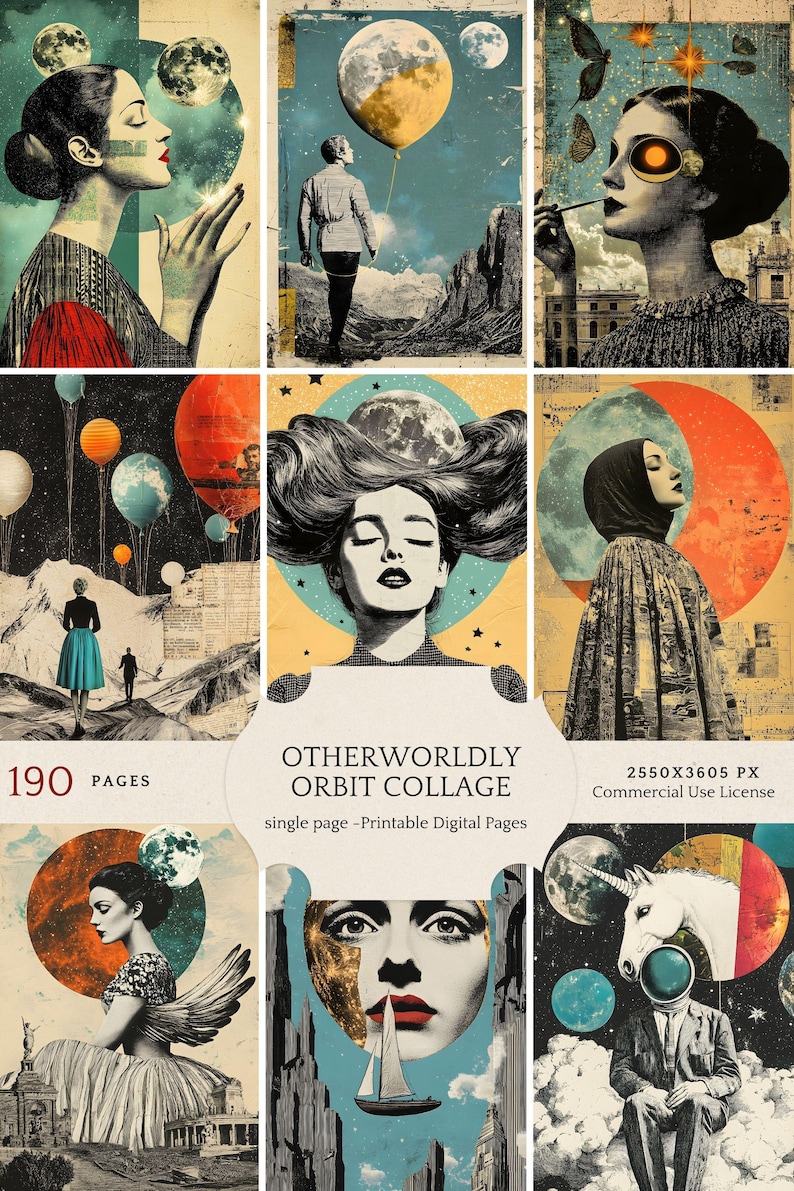 May include: A digital collage of 190 pages featuring surreal and whimsical images. The collage includes a variety of elements, such as women with celestial bodies as hair, a unicorn with a helmet, and a man holding a balloon. The collage is titled "Otherworldly Orbit Collage" and is available for commercial use.