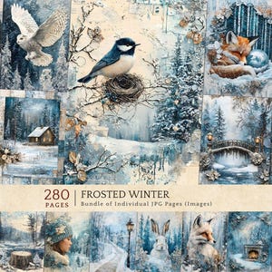 Frosted Winter Forest Digital Paper, Snowy Animals Junk Journal Kit, Rustic Cabin Printable Ephemera