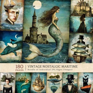 Vintage Nostalgic Maritime, Dark Whimsy Illustrations, Junk Journaling Supplies, Digital Paper Pack, Ocean Theme