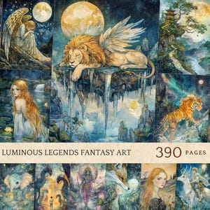 Peut inclure: Une collection d'estampes d'art fantastique représentant des créatures et des paysages mythiques. L'œuvre comprend un lion ailé, un tigre et une femme aux longs cheveux. Le texte "Luminous Legends Fantasy Art" et "390 pages" sont visibles.