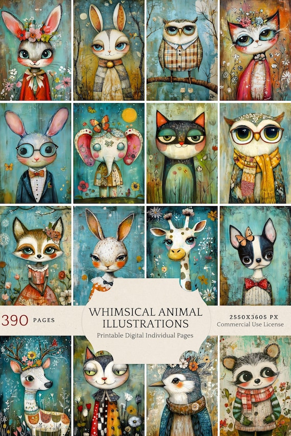 Whimsical Animal Illustrations, Junk Journal Papers, Cute