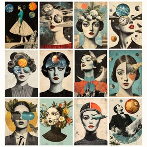 May include: A collage of ten digital art prints featuring women with celestial and cosmic elements. Each print has a unique design with a woman's face, planets, stars, and other space-themed imagery.