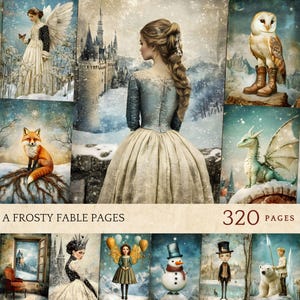 Frosty Whimsical Digital Junk Journal Pages, Surreal Winter Ephemera, Collage Printable Pack