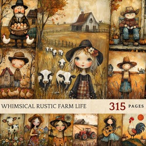Peut inclure: Un collage d'illustrations fantaisistes sur le thème d'une ferme rustique. Les images comprennent une ferme, des vaches, des poulets, un coq, un épouvantail et plusieurs filles aux grands yeux. Le texte "Whimsical Rustic Farm Life" et "315 Pages" est inclus dans le collage.