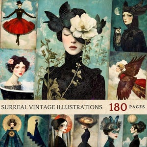 Páginas de diario vintage con motivos artísticos de mujeres, papel para álbumes de recortes, papel digital, efímeras vintage, academia oscura, estilo shabby chic, decoupage imprimible