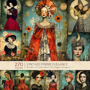Kit de elegancia femenina vintage, retratos dramáticos de estilo academia oscura, paquete de gráficos de lujo para diario creativo.
