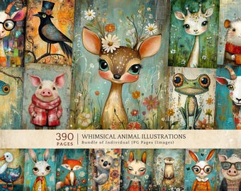 Whimsical Baby Animal Junk Journals Portraits, Nursery Art Digital Paper, Cottagecore Scrapbook, ATC Crafting