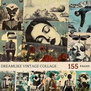Dromerige vintage collage, Retro dreamscape-collage, nostalgische surrealistische kunst, dromerige vintage mixed media, nostalgische scrapbookingkunst