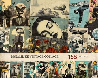 Digital Surrealism Paper Pack, Mysterious Woman Portraits, Engraving Style Collage, Vintage Scrapbook Kit