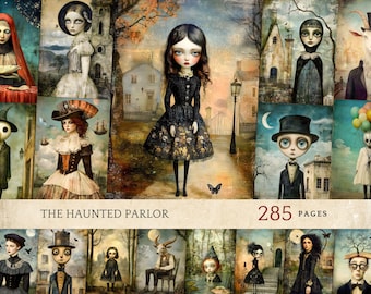 Paquete de efímeros embrujados, hojas de collage digitales, diario de recortes imprimible, personaje surrealista, manualidades de arte gótico