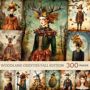 May include: A collection of whimsical illustrations featuring anthropomorphic figures and autumnal themes. The artwork includes portraits of people and animals adorned with fall foliage and accessories. The text "WOODLAND ODDITIES FALL EDITION 300 PAGES" is displayed at the bottom.