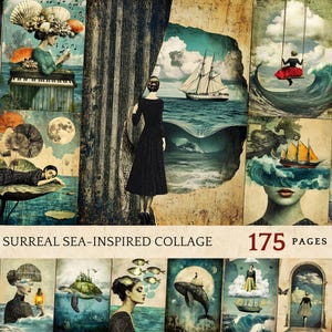 Collage surrealista imprimible del mar para diario basura, arte de técnica mixta inspirado en el océano etéreo, fondo de álbum de recortes náutico, efímeras del océano