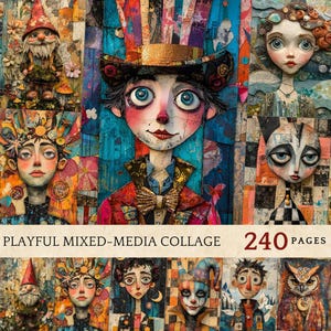 Pages de collage multimédias ludiques, kits de collage pour journaux indésirables, pages d'art multimédias, conceptions multimédias imprimables, feuilles amusantes et fantaisistes