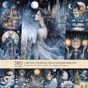 Papel digital Noche Mítica, Arte Fantástico en Acuarela, Álbum de Recortes Celestial con Estilo Brujo, Animales de Paisaje Onírico, Castillo de Cuento de Hadas
