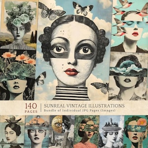 Surreal Vintage Woman Portrait Digital Paper Pack, Mixed Media Junk Journal Pages (140 Images)