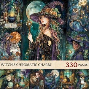 Może przedstawiać: Kolaż obrazów przedstawiający czarownicę w fioletowym kapeluszu i długimi włosami, wilka, pawia, księżyc i książkę. Tekst "Witch's Chromatic Charm 330 Pages" znajduje się na dole obrazu.