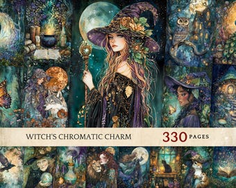 Enchanted Witch Junk Journals, Vibrant Fantasy Clipart, Moon Magic Digital Paper, Scrapbook, ATC cards