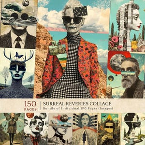 Arte imprimible de moda surrealista, páginas de diario conceptual, paquete de papel de collage digital de retrato abstracto