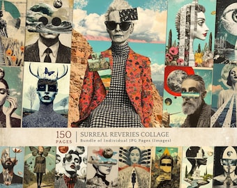 Arte surreale stampabile a tema moda, pagine concettuali per junk journal, pacchetto di carta digitale per collage con ritratti astratti