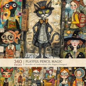 Whimsical Character Junk Journal Pages, Quirky Mixed Media Digital Paper, Storybook Animal Clipart