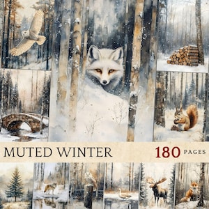 May include: A collage of winter forest scenes featuring a white fox, a deer, an owl, a squirrel, a moose, and a wolf. The images are in a muted color palette with a snowy background. The text "MUTED WINTER 180 PAGES" is at the bottom of the collage.