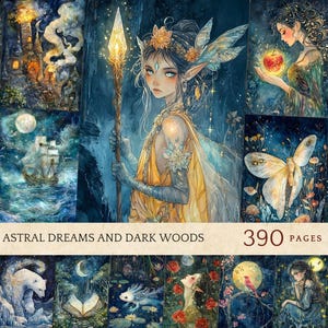Strony dziennika fantasy z bajkowymi wróżkami, sztuka niebieskiego księżyca, efemeryda zaczarowanego mrocznego lasu, cyfrowy album ze zdjęciami