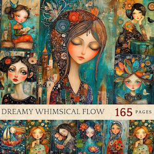 Whimsical Portrait Collage Kit, Vibrant Boho Printable Pages, Dreamy Folk Art Junk Journal Ephemera