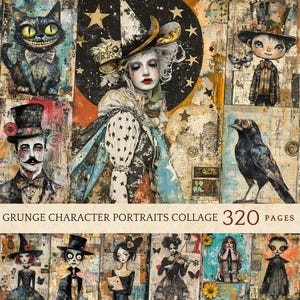 Puede incluir: Un collage de retratos de personajes grunge. La obra presenta una figura central con un sombrero de bruja, rodeada de otros retratos, incluyendo un gato, un cuervo y varias figuras estilizadas. Se muestra el texto "GRUNGE CHARACTER PORTRAITS COLLAGE 320 PAGES".