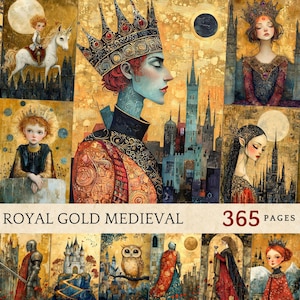 Afdrukbare koninklijke gouden middeleeuwse illustraties voor junktijdschriften, mixed mediakunst, plakboeken, knutselen, illustraties voor fantasytijdschriften
