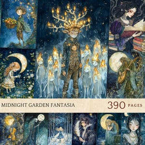 Midnight Fantasy Art Prints, Mystical Whimsical Watercolor Junk Journal Pages, Ethereal Forest Fae