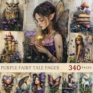 Imprimables de journal de conte de fées violet, journal de champignons, art de conte de fées, kit de journal violet, kit de scrapbooking DIY, éphémères magiques, fantaisiste